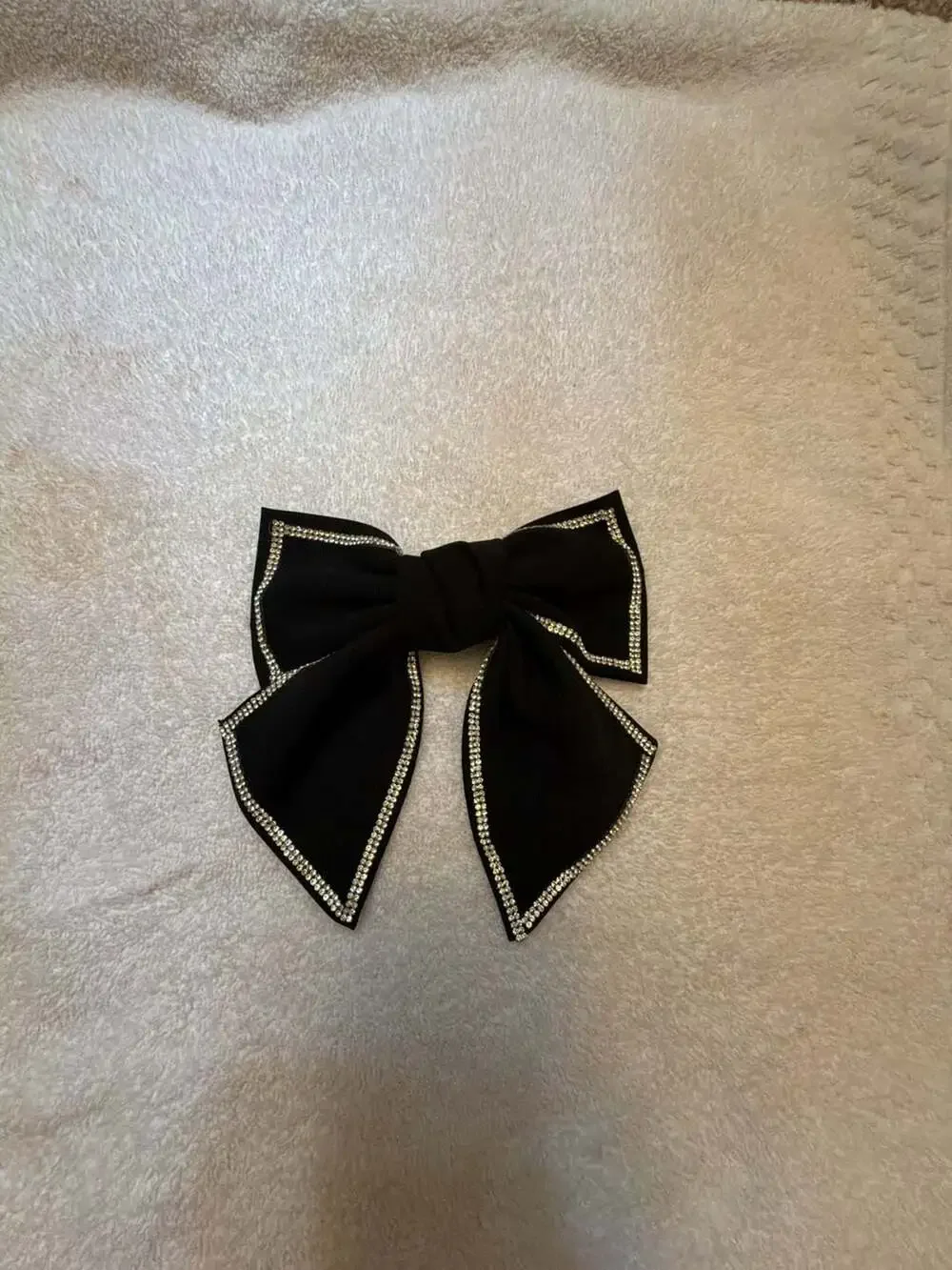 Black Fabric Rhinestone Trim Hair Bow Barrette Clip